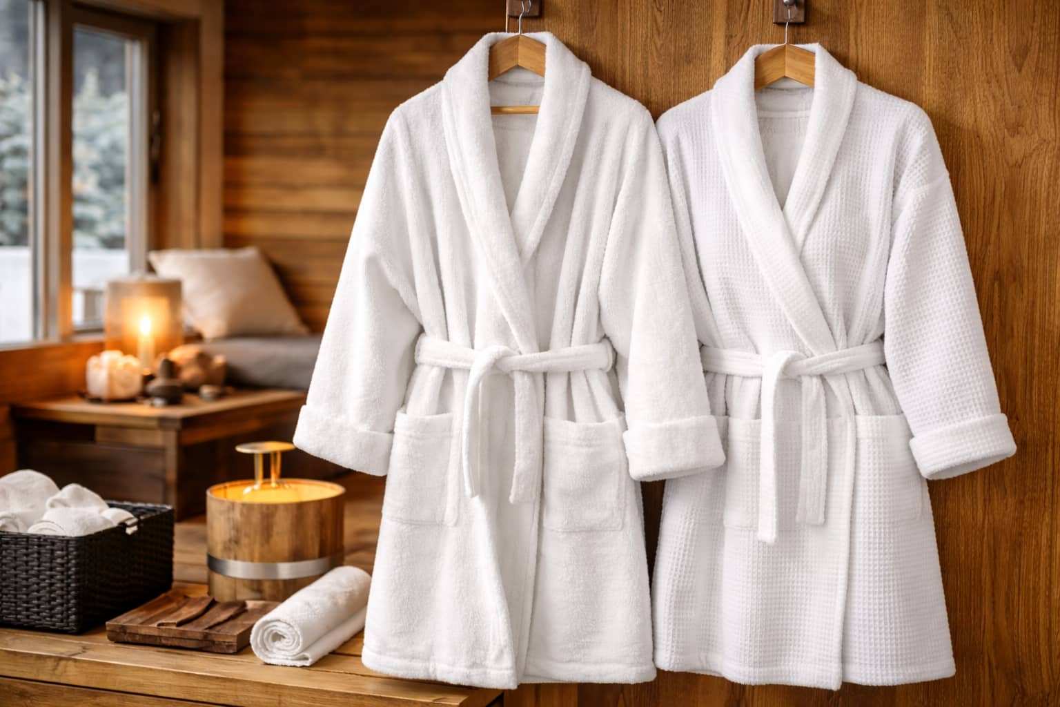 Frottee- und Waffelpikee-Saunabademantel im Vergleich in ruhiger Sauna-Atmosphäre