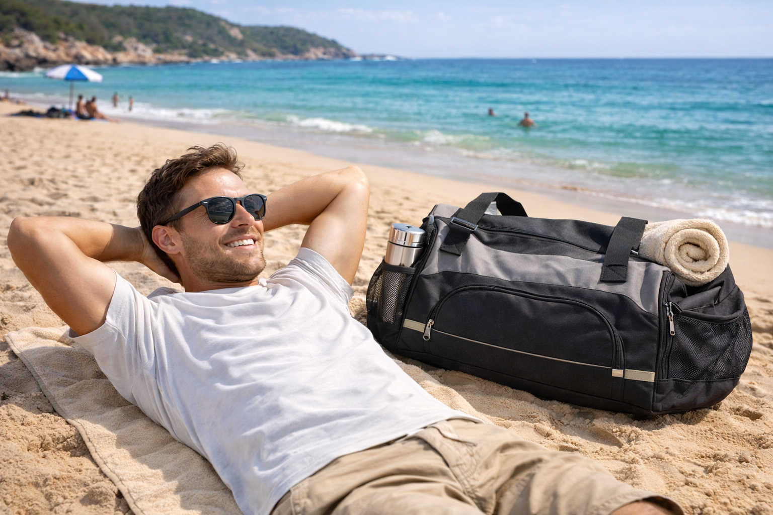 Mann mit Strandtasche