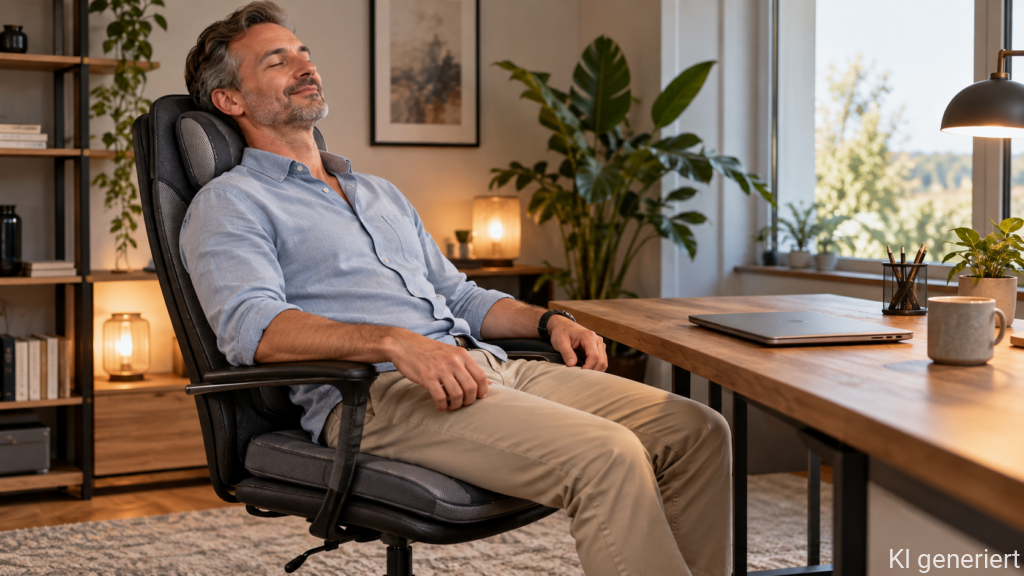Mann lehnt sich im Homeoffice auf einer Massagesitzauflage zurück