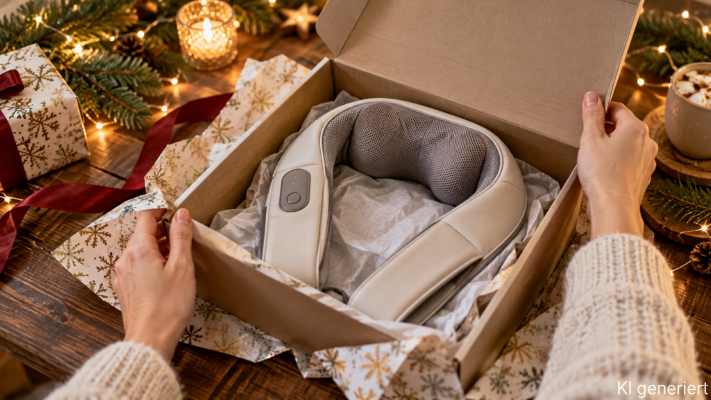 Nackenmassagegerät wird als Weihnachtsgeschenk ausgepackt