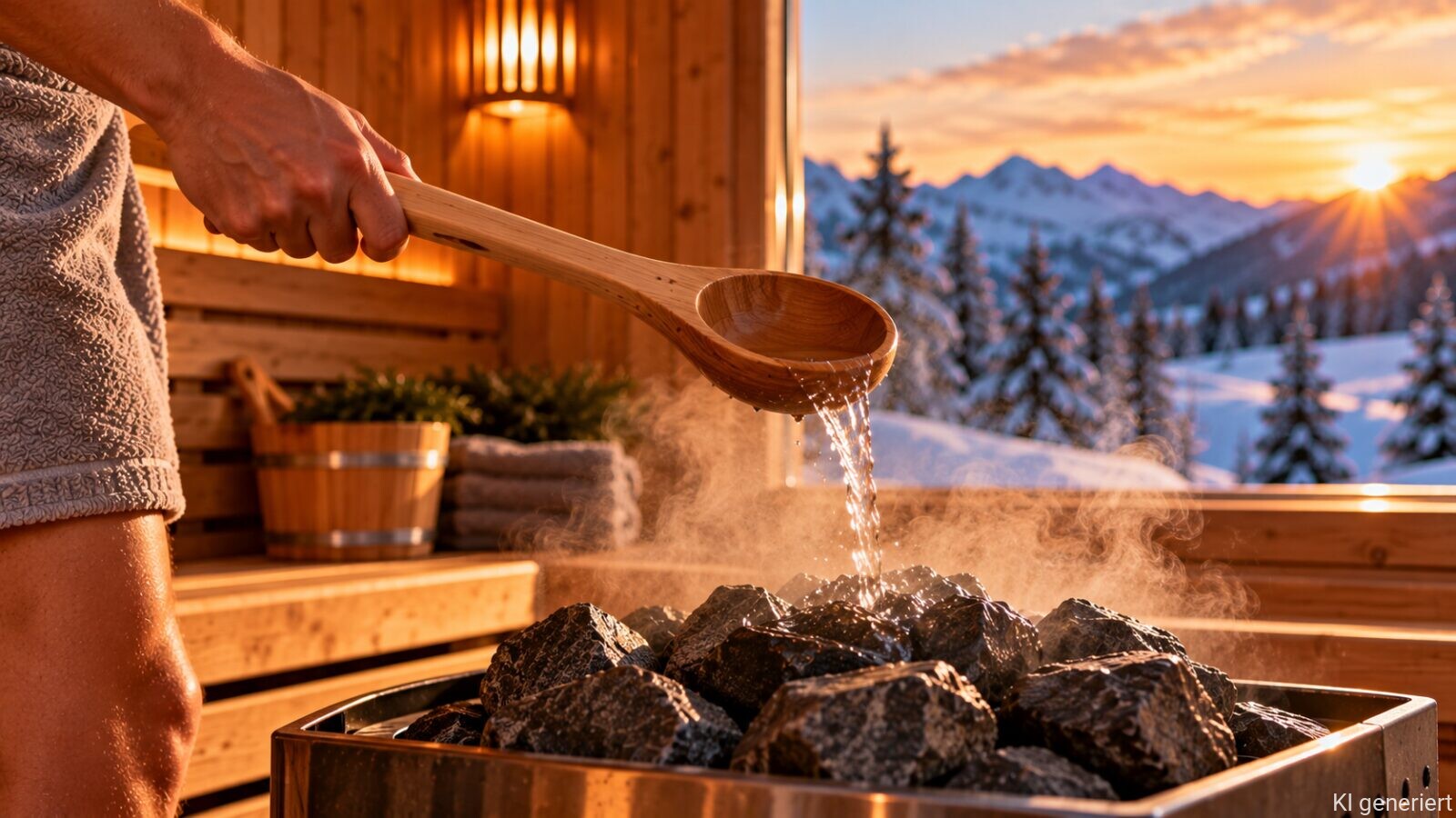 Wasser wird mit einer Holzkelle auf heiße Saunasteine gegossen