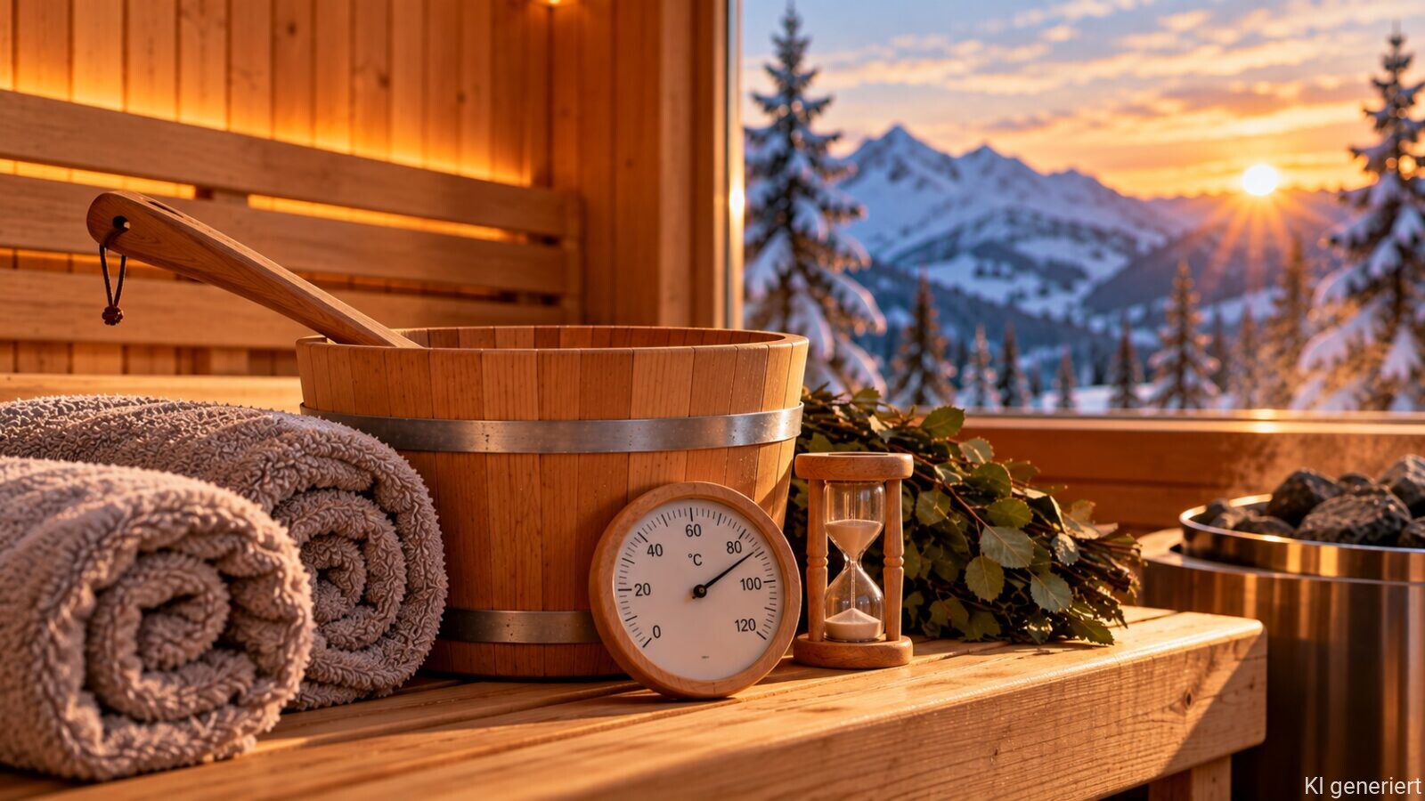 Saunauhr und Thermometer neben Handtüchern in einer Holzsauna