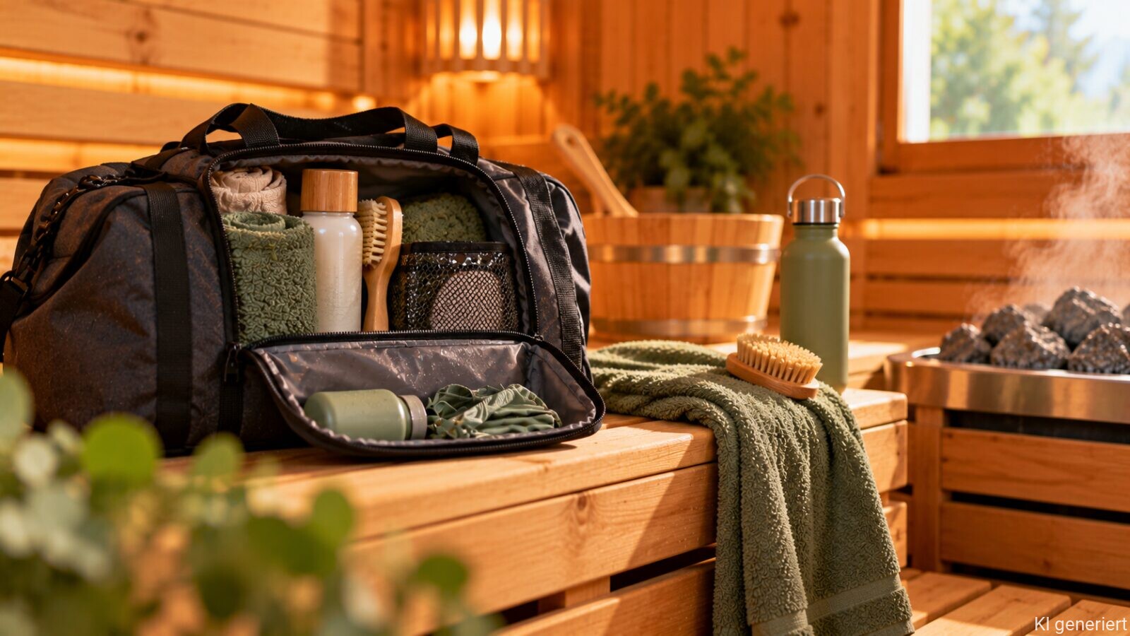 Gepackte Saunatasche mit Handtüchern, Pflegeprodukten und Bürste auf einer Holzbank